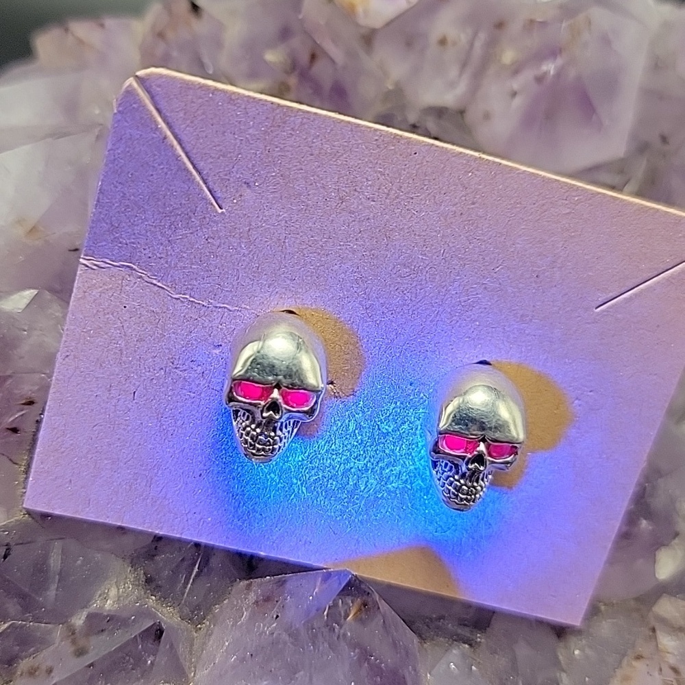 Sterling Silver Skull Post Earrings with Genuine Ruby Eye Accents